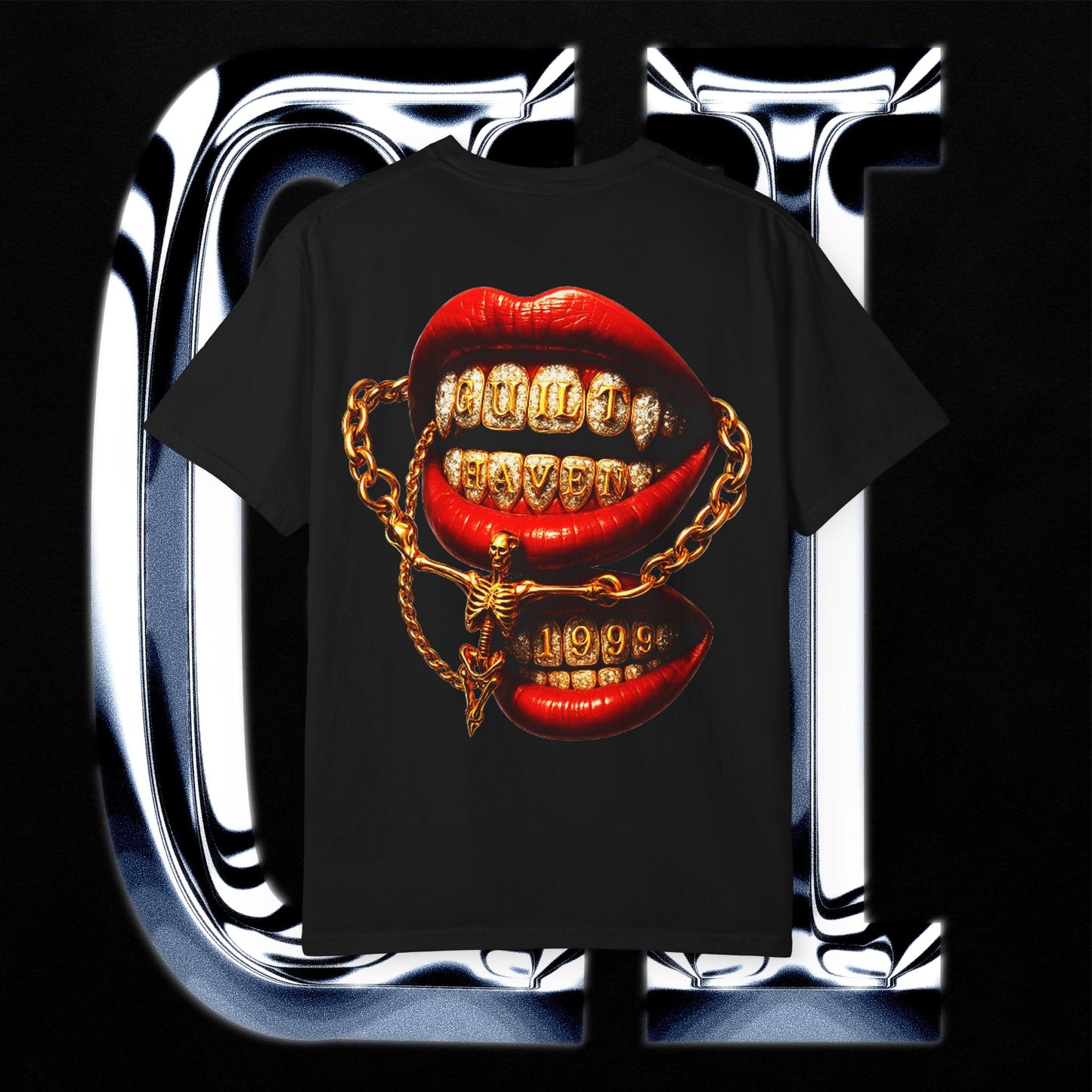 Guilt Haven 1999 Tee – Unisex Garment-Dyed T-Shirt | Gold Grill Lips & Chain Skeleton Graphic design on a black t-shirt.