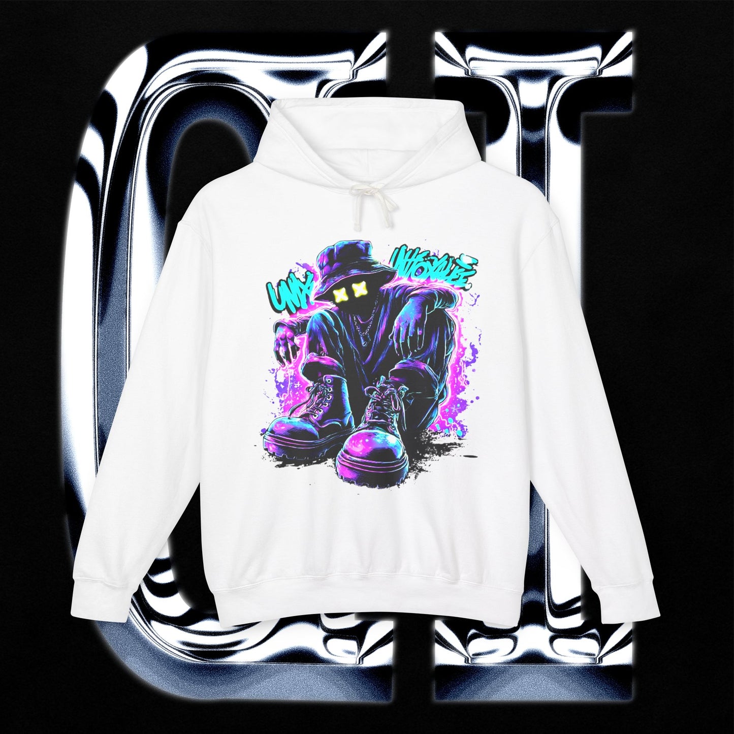 Mystery Shadow Hoodie — Neon Grunge “Who’s Watching” Streetwear