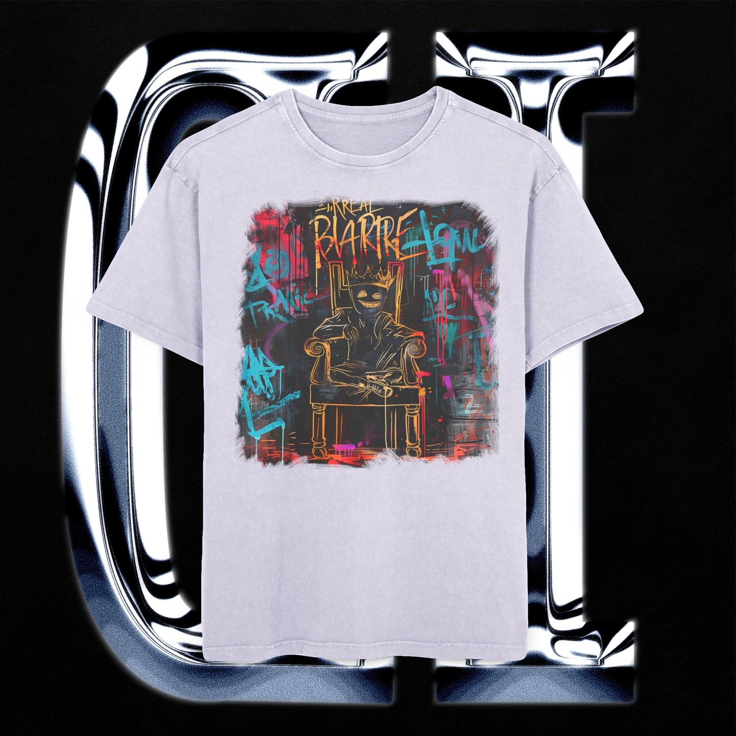 Bizarre King Oversized Acid-Washed T-Shirt – Urban Graffiti Art Streetwear Tee featuring bold graffiti art with a masked figure.