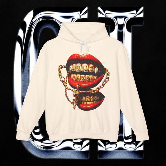 Gold Grill Lips Hoodie featuring bold graphic of gold grill lips against a cream background.