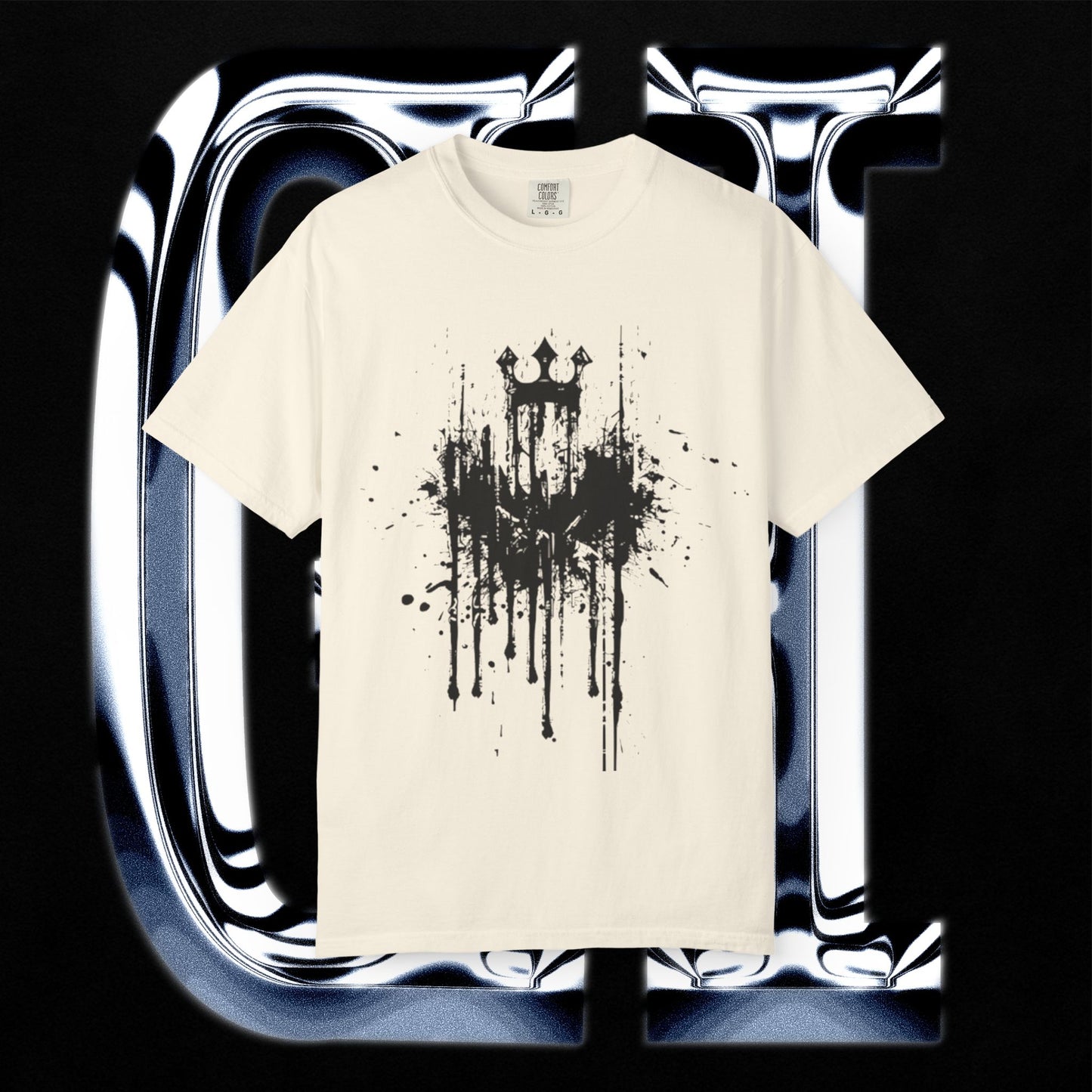 Crowned Chaos Tee – Unisex Garment-Dyed T-Shirt | Black Splatter Grunge Graphic on a cream backdrop.