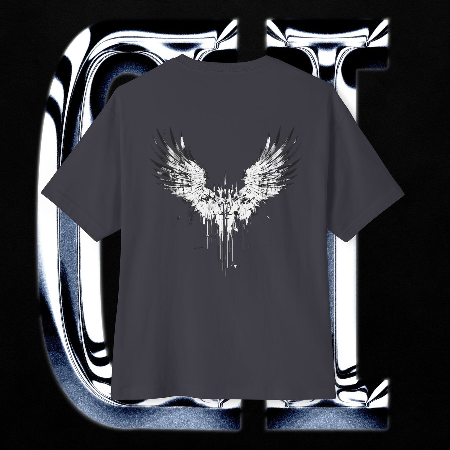 White Eclipse Wings – Unisex Oversized Graphic Tee | Abstract Angel Wing Streetwear Shirt back design featuring angel wings in grayscale.