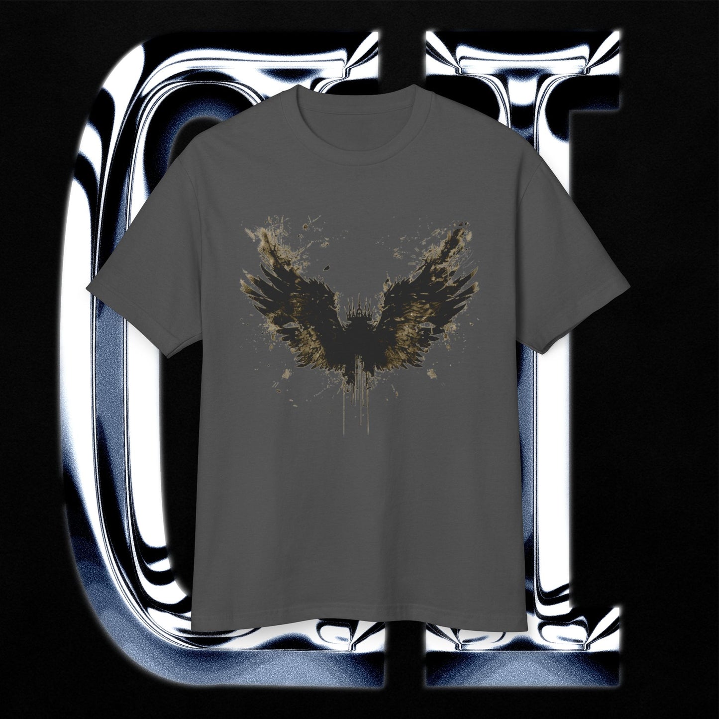 Golden Dusk Wings – Unisex Heavyweight Vintage Tee | Artistic Garment-Dyed Cotton Shirt displayed on a gray background.
