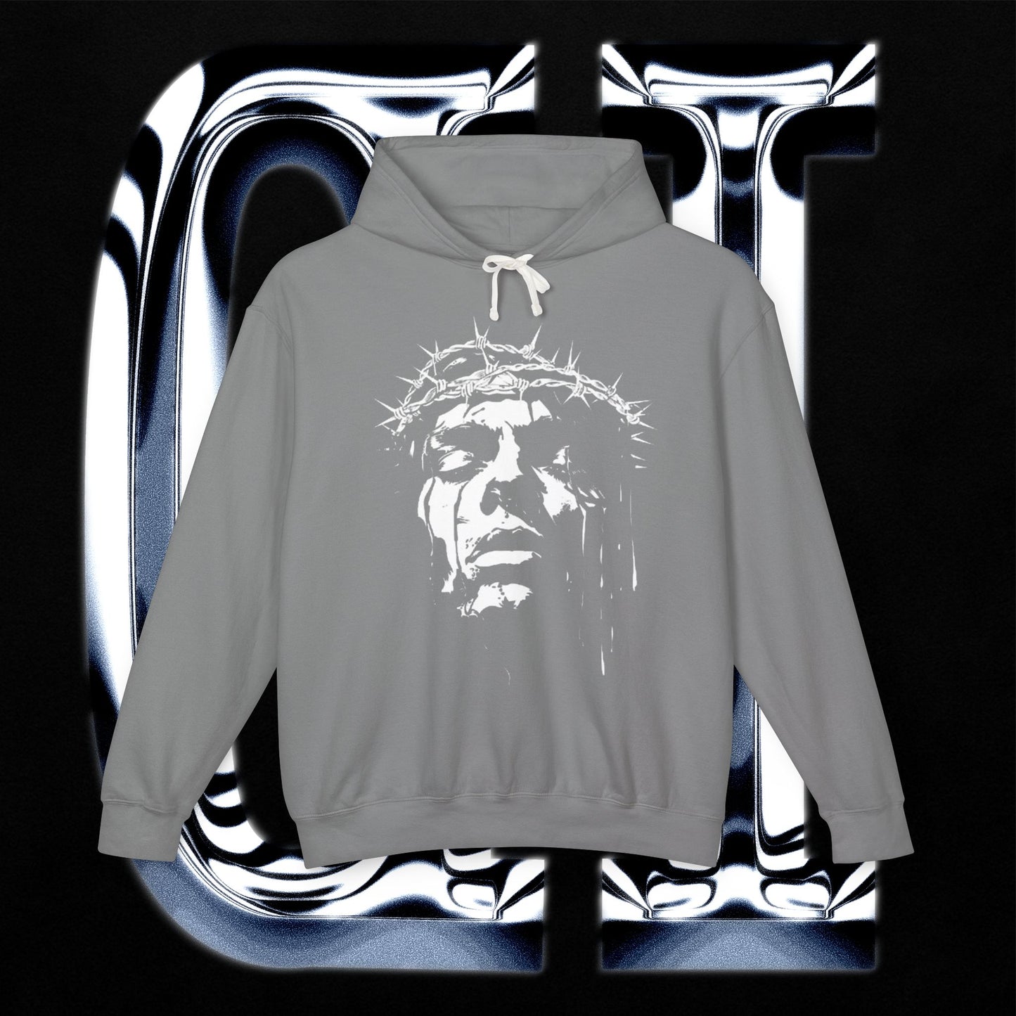 Crown of Thorns hoodie in charcoal gray with distressed sacred face graphic pullover for casual wear.