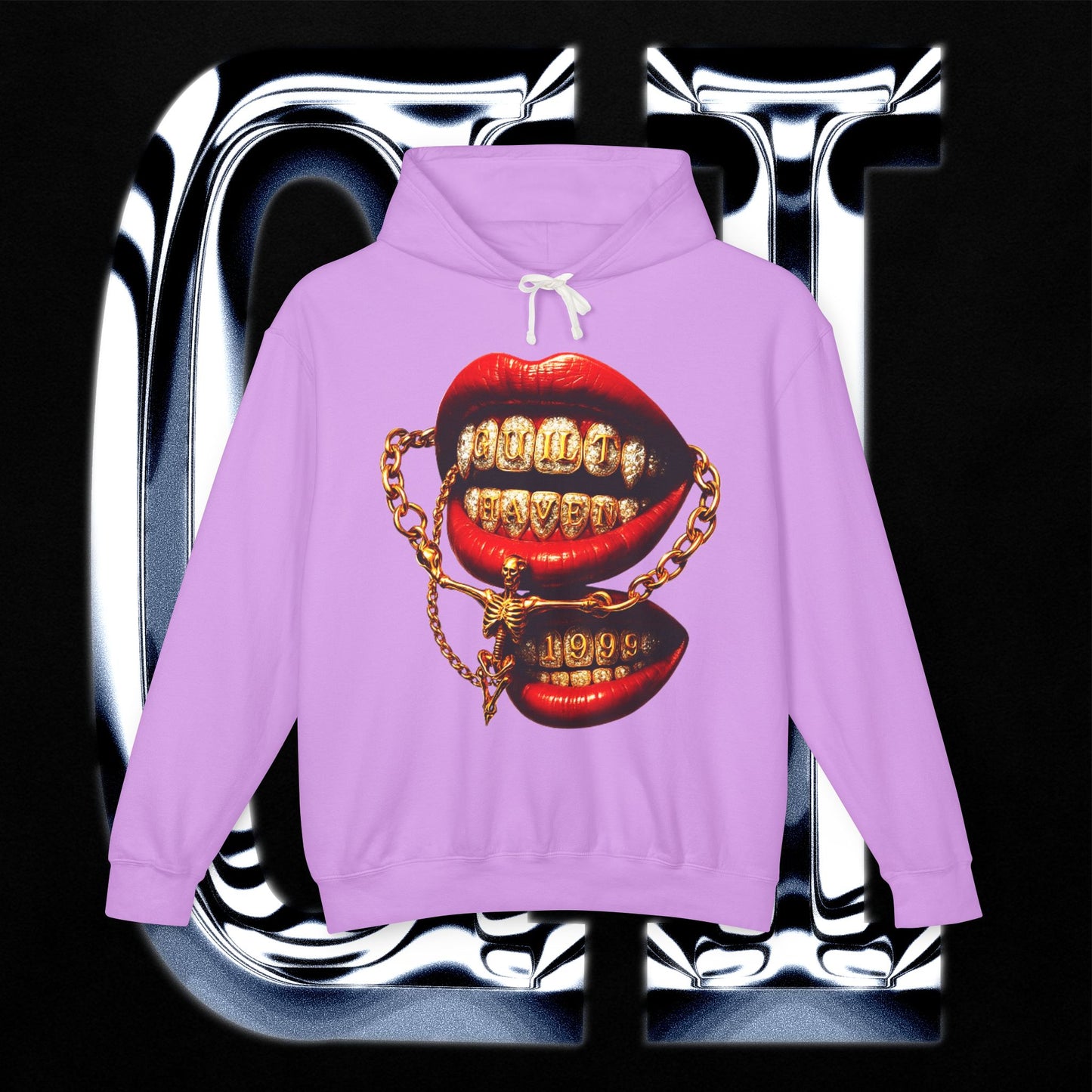 Gold Grill Lips Hoodie featuring bold graphic lips and chains on a lavender background, perfect for streetwear fashion.