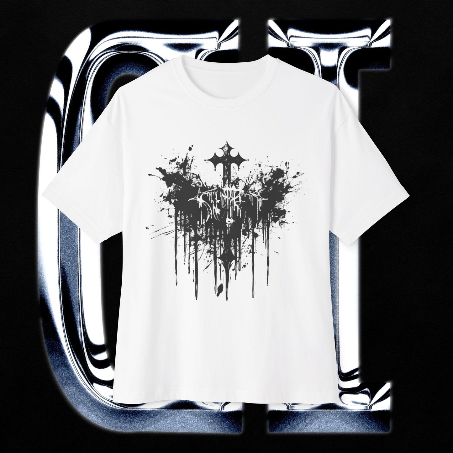Gothic Cross Splatter Unisex Oversized Streetwear Tee featuring black splatter graphic on a white background.