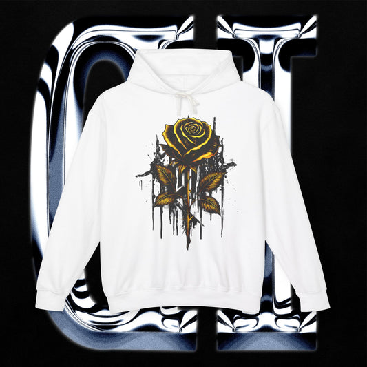 Dripping Gold Rose Hoodie featuring a hand-rendered rose in charcoal and gold, perfect for a casual, edgy style.
