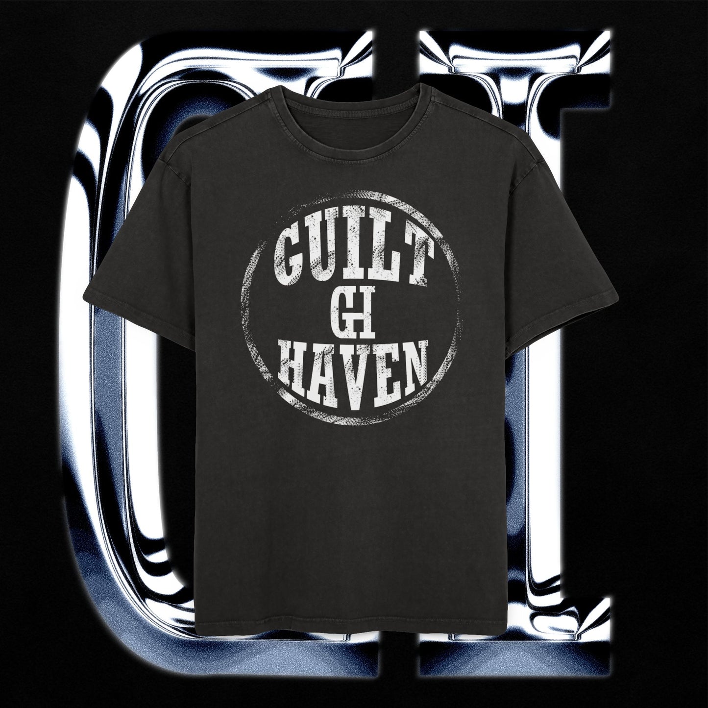 Guilt Haven graphic tee featuring a round logo design on a black shirt against a sleek background.