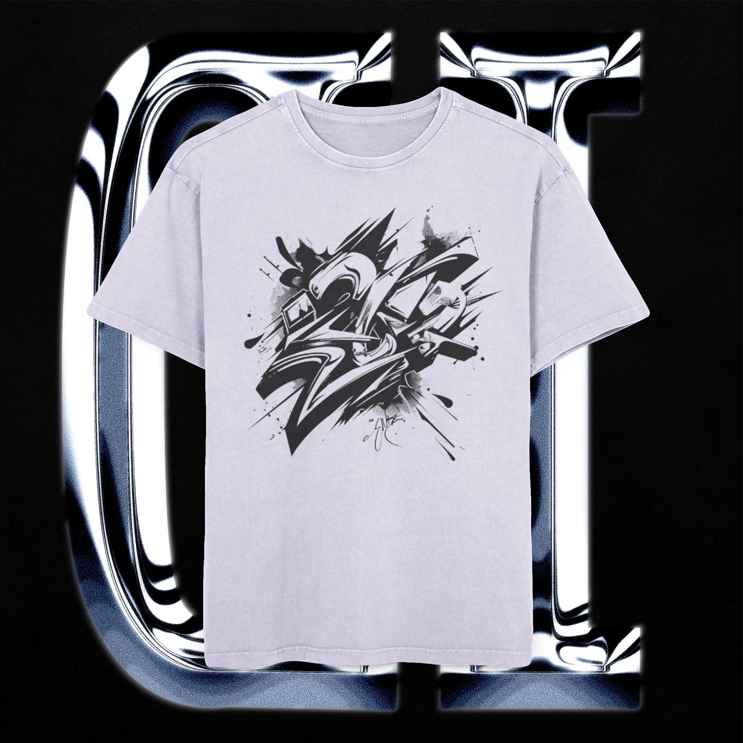 Men’s Acid Wash Oversized Graffiti T-Shirt – 100% Cotton Streetwear Tee with bold monochrome graphic design