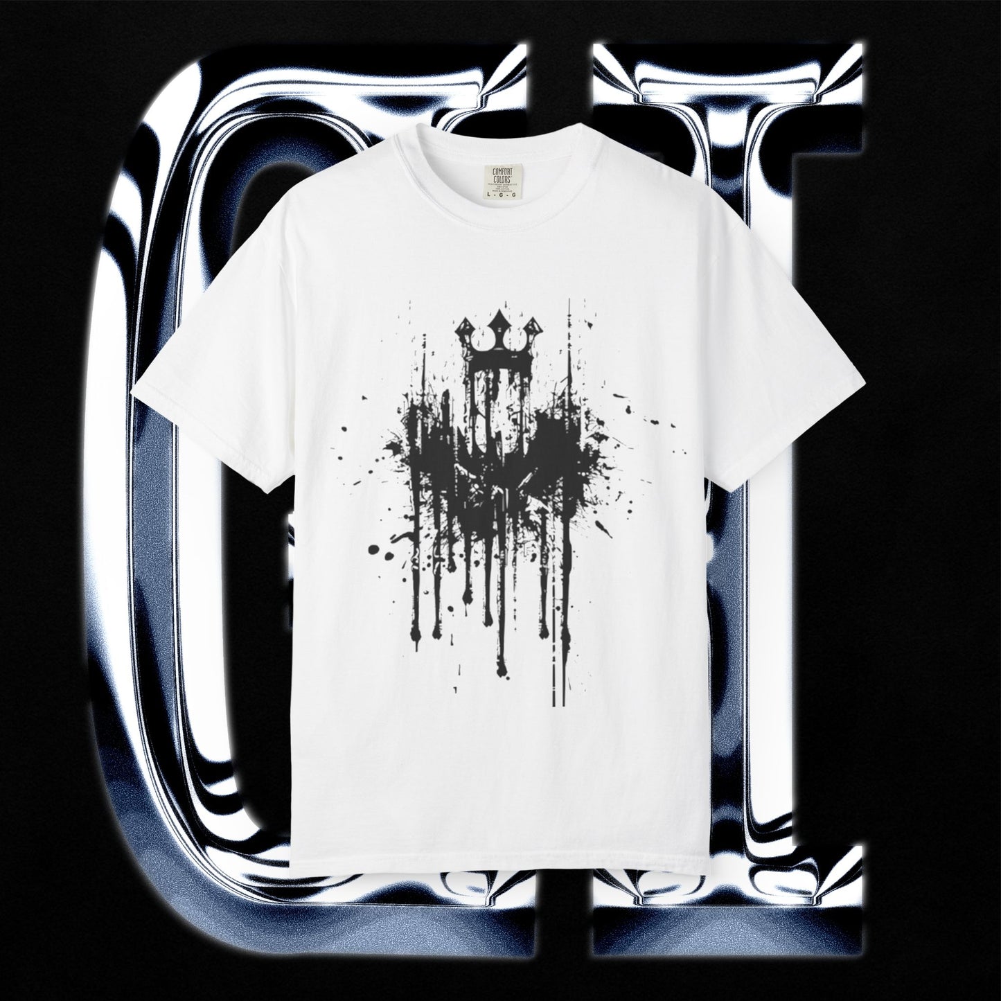 Crowned Chaos Tee – Unisex Garment-Dyed T-Shirt | Black Splatter Grunge Graphic featuring a bold crown design.