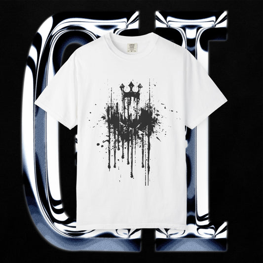 Crowned Chaos Tee – Unisex Garment-Dyed T-Shirt | Black Splatter Grunge Graphic featuring a bold crown design.