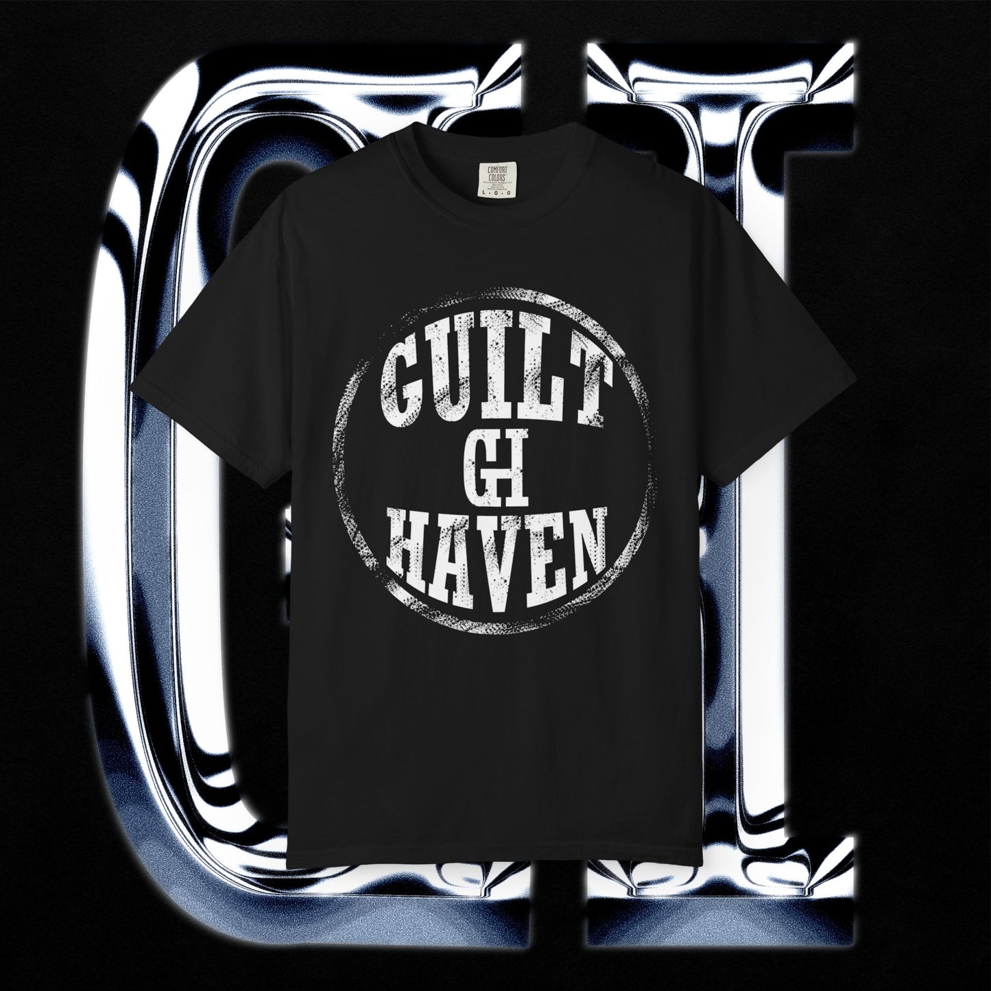 Guilt Haven 1999 Tee – Unisex Garment-Dyed T-Shirt | Gold Grill Lips & Chain Skeleton Graphic on a black background.