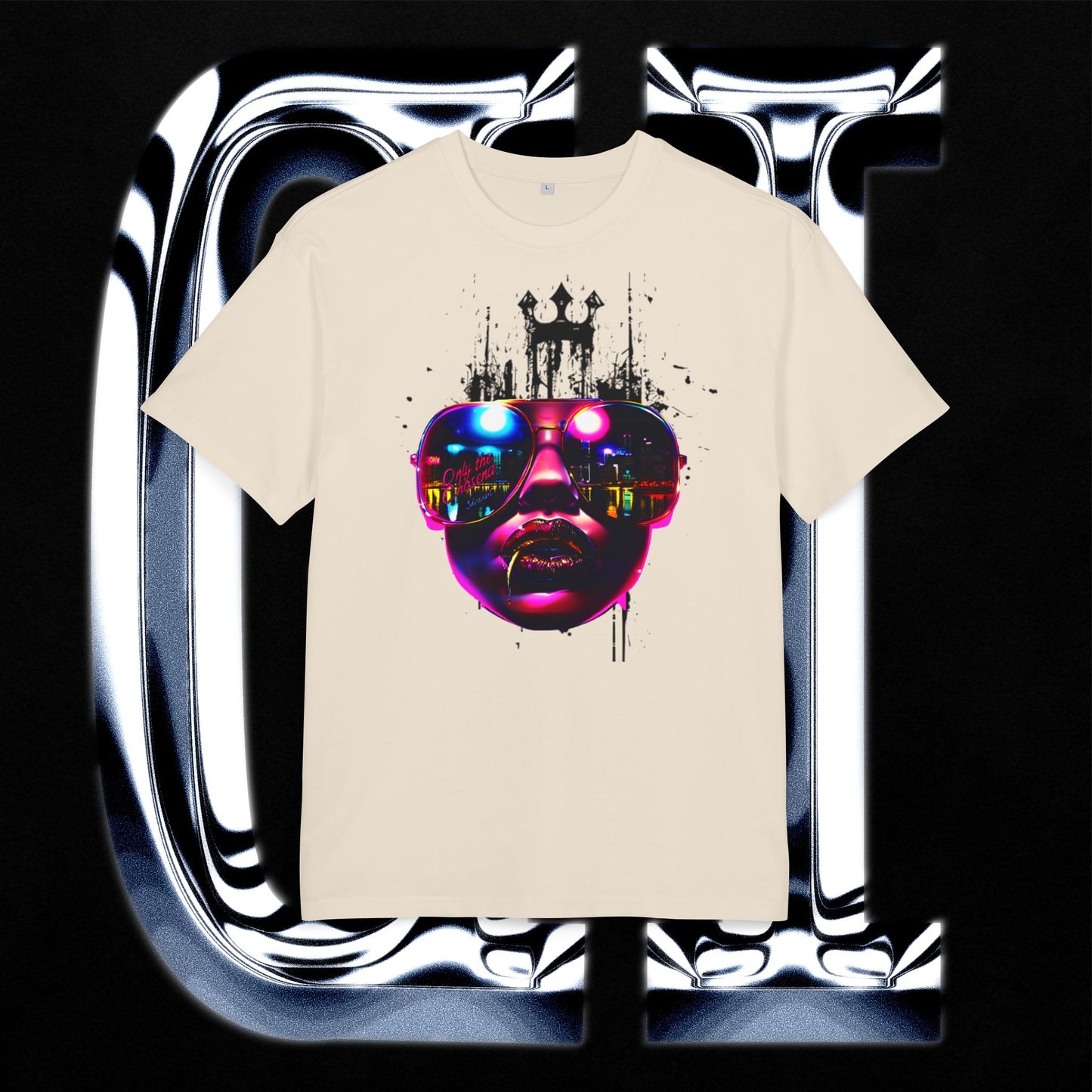 Neon Crown Cityscape Tee – Unisex Heavy Oversized T-Shirt | Retro Futuristic Sunglasses Graphic on a cream shirt.
