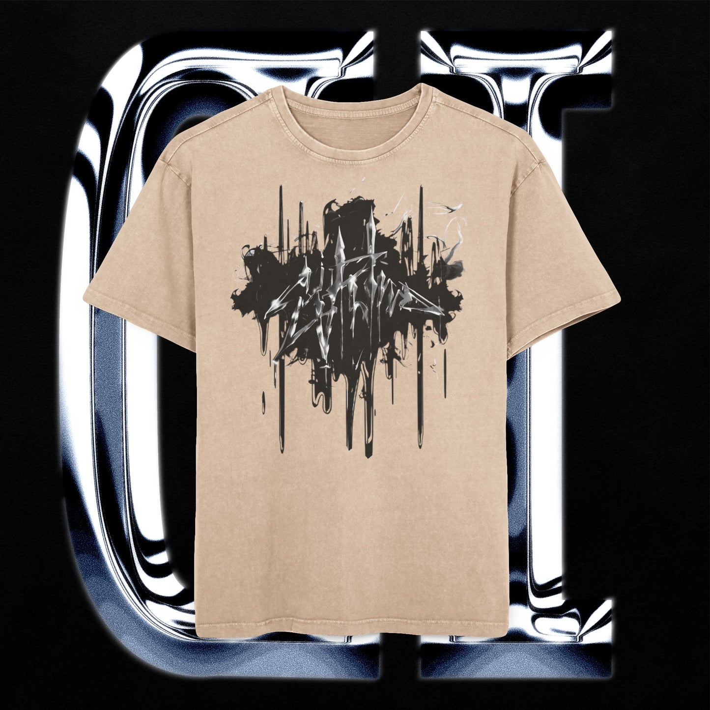 Oversized Acid Wash Tee – Fire Graphic Streetwear Shirt, Festival Outfit, Edgy Urban Style on display with unique graphic design.