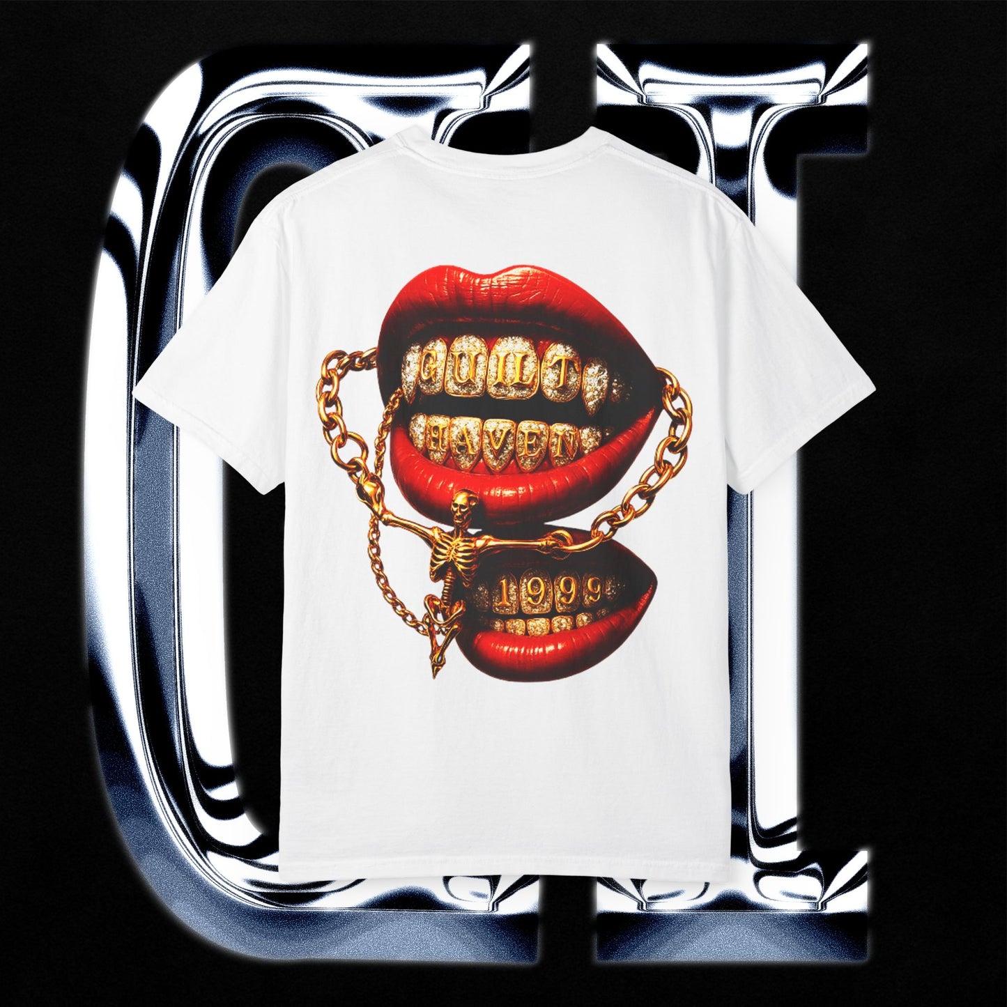 Guilt Haven 1999 Tee – Unisex Garment-Dyed T-Shirt | Gold Grill Lips & Chain Skeleton Graphic