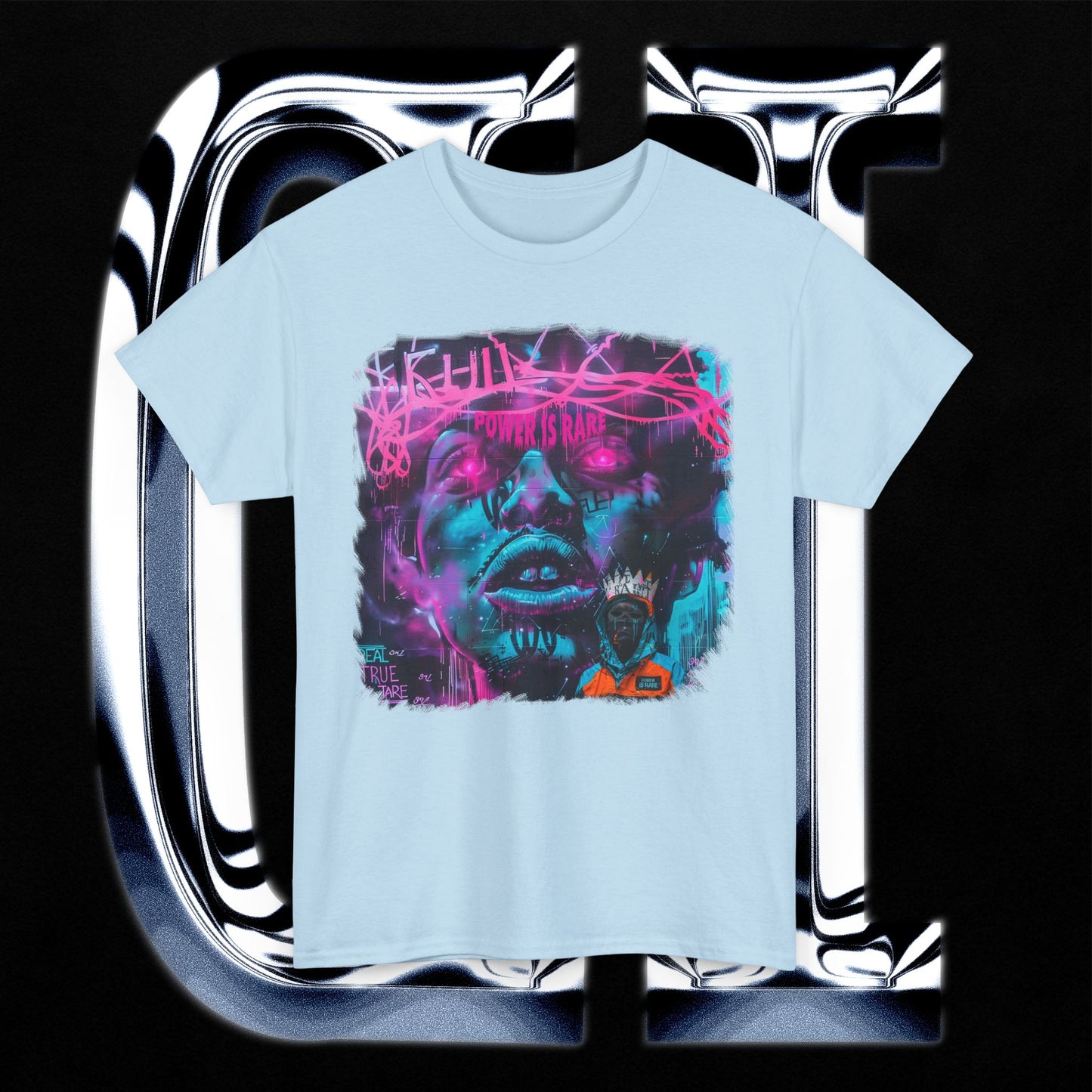 Power Is Rare Unisex Heavy Cotton T-Shirt – Neon Graffiti Art Tee with Futuristic Face Design on a light blue background.