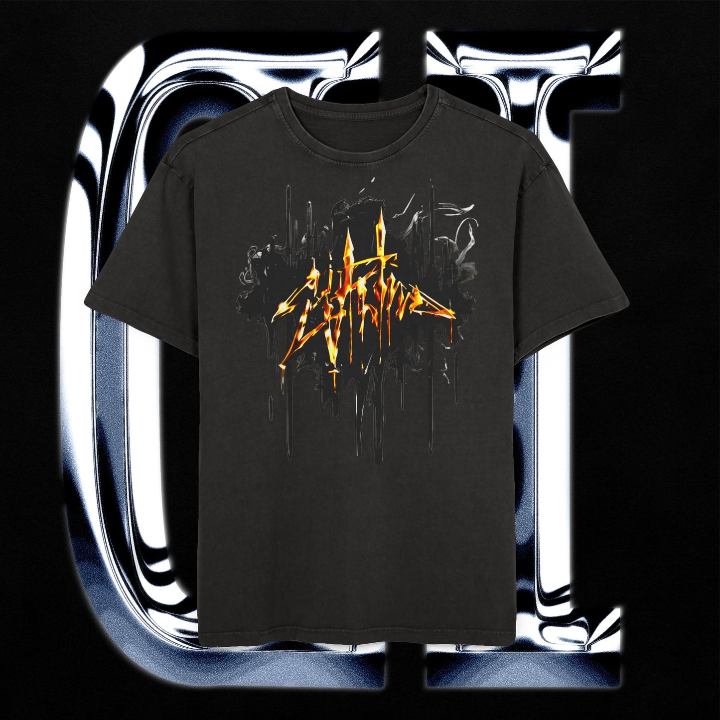 Oversized Acid Wash Tee – Fire Graphic Streetwear Shirt, Festival Outfit, Edgy Urban Style on a black background.