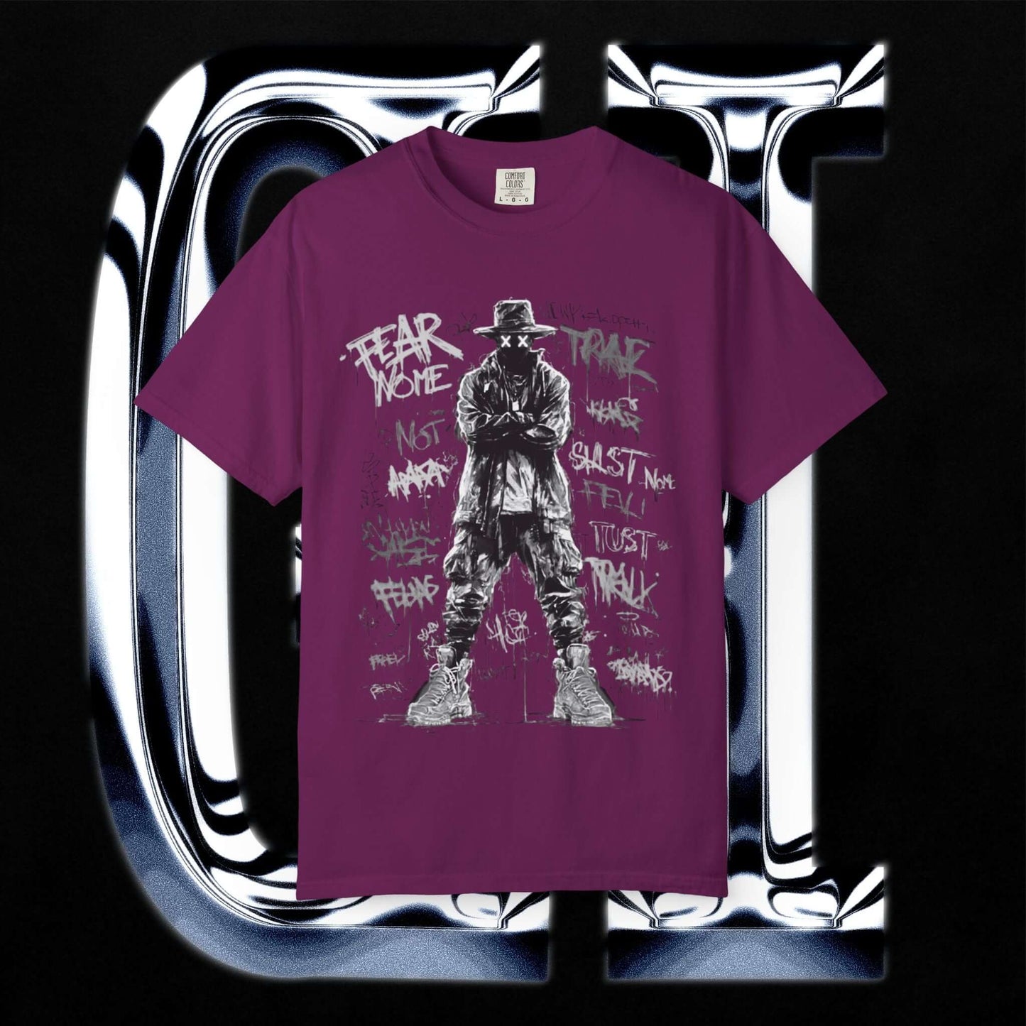 Garment-Dyed Streetwear Tee – Fear Non-Graphic in purple with bold Fear None graphic design.