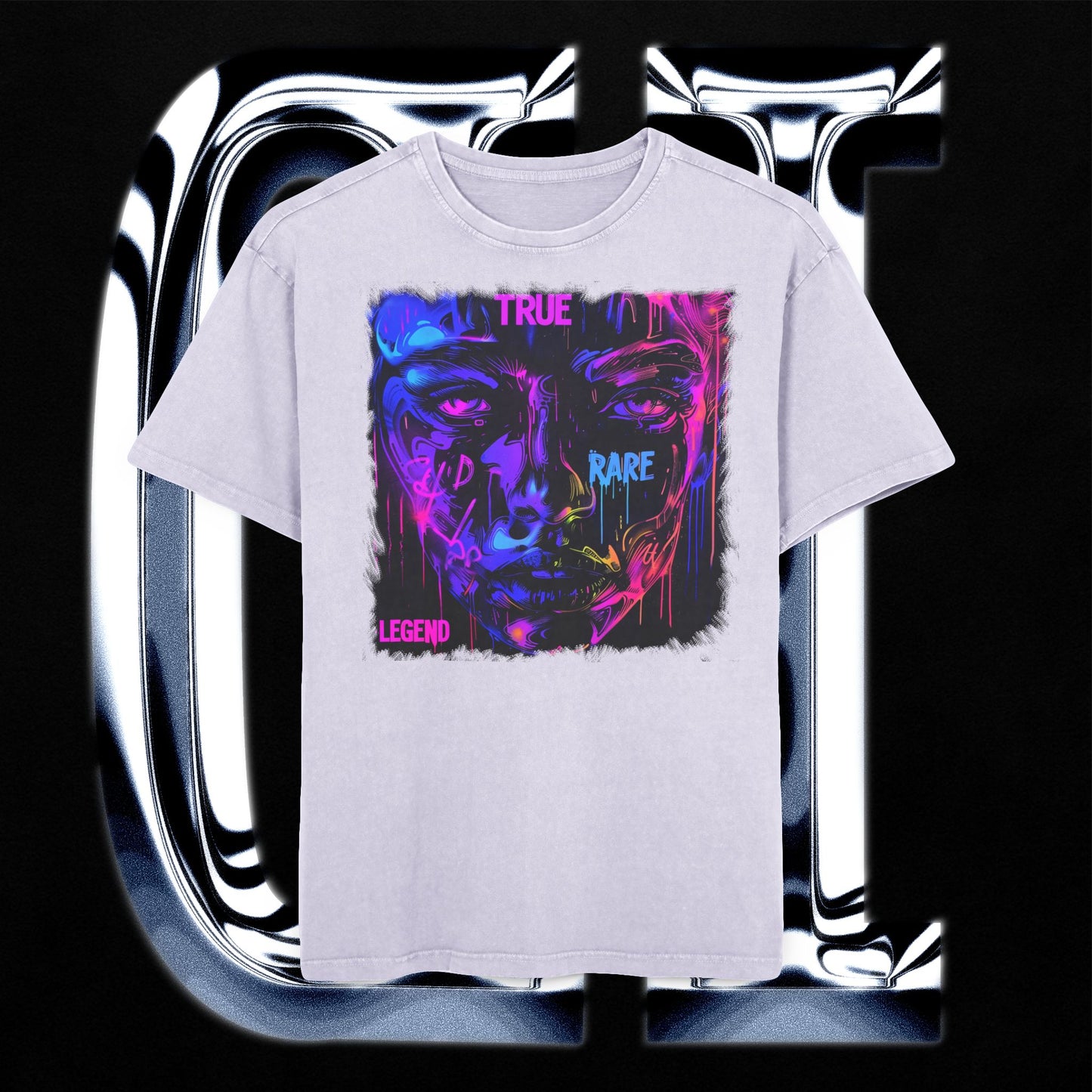 True Rare Legend Oversized Acid-Washed T-Shirt – Unisex Neon Face Graphic Streetwear Tee on a black background.