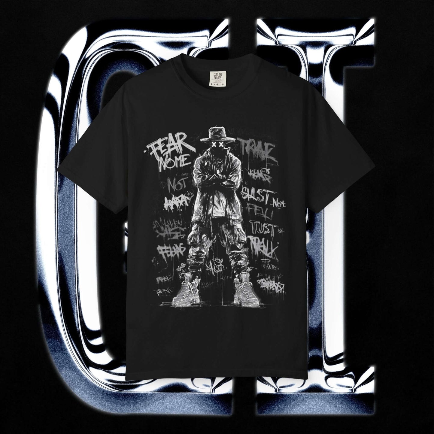 Garment-Dyed Streetwear Tee – Fear Non-Graphic featuring bold graphic design on a black t-shirt.