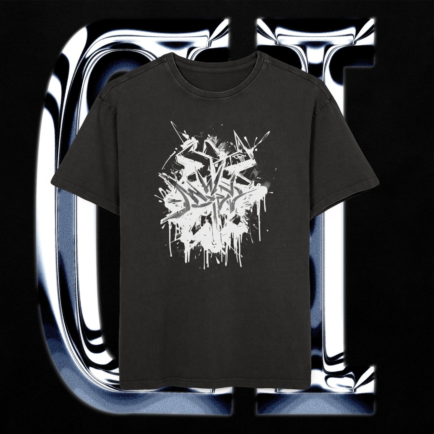 Urban Graffix Drip Tee – Street Art Style Graphic Oversized T-Shirt on a black background with graffiti design.