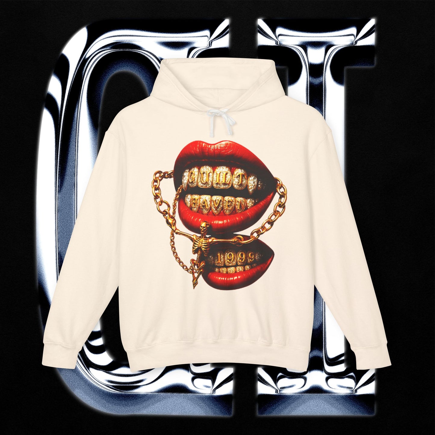Gold Grill Lips Hoodie featuring bold graphic of gold grill lips against a cream background.