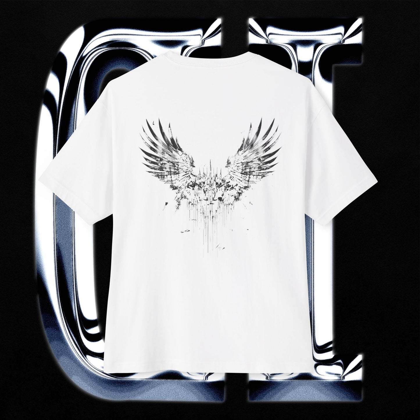 White Eclipse Wings – Unisex Oversized Graphic Tee | Abstract Angel Wing Streetwear Shirt, featuring abstract wing design on back.