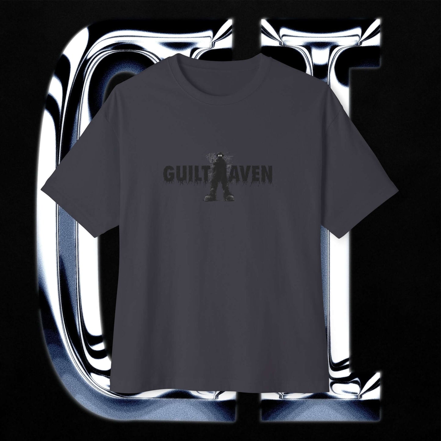 Oversized Boxy Tee XX Fear Guilt Haven Streetwear in dark gray with bold Guilt Haven graphic.