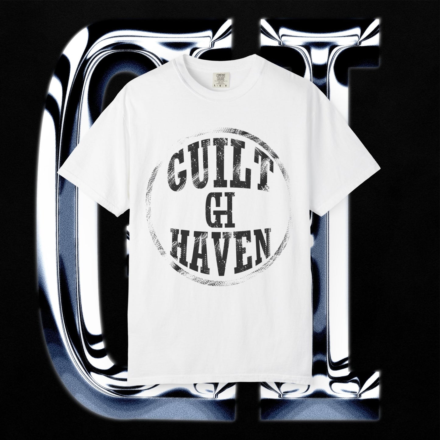 Guilt Haven 1999 Tee – Unisex Garment-Dyed T-Shirt | Gold Grill Lips & Chain Skeleton Graphic on a white background.
