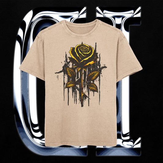 Golden Rose Oversized Acid-Washed T-Shirt – Vintage Floral Streetwear Tee showcasing yellow rose design on neutral background.