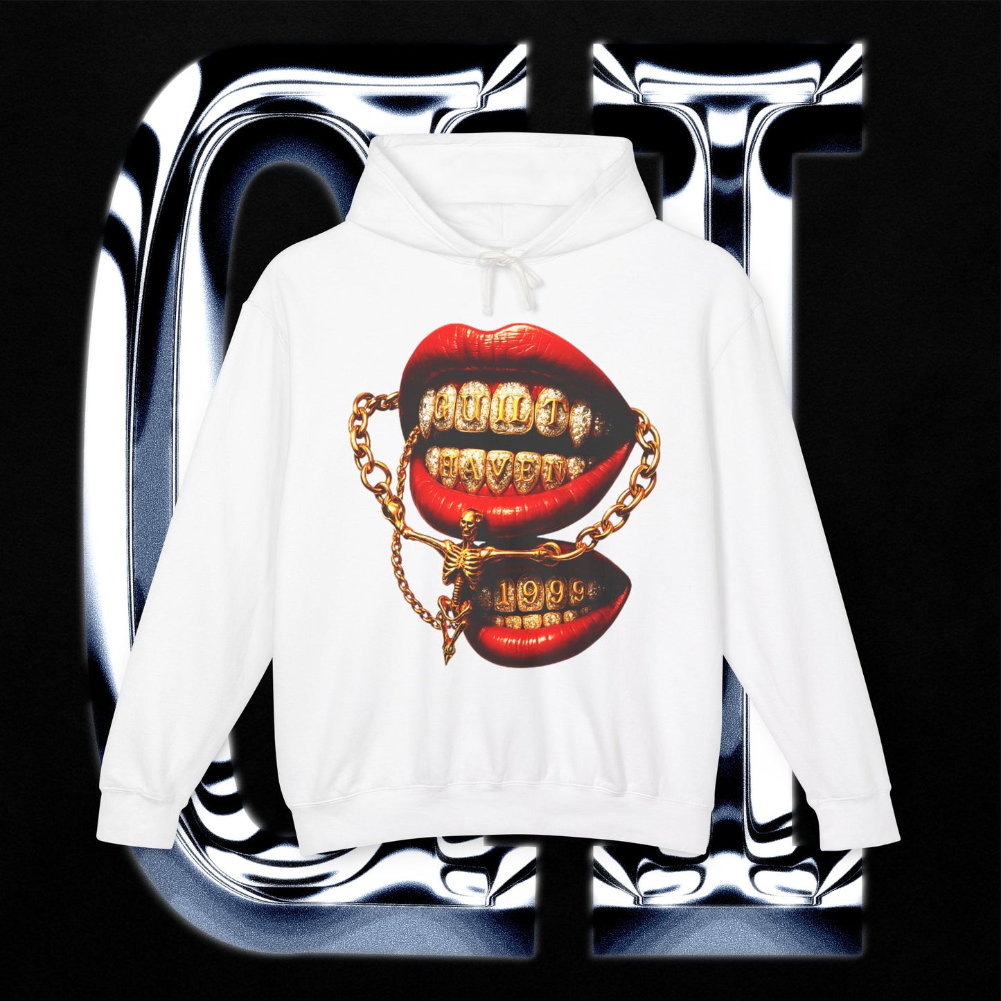 Gold Grill Lips Hoodie — Streetwear graphic sweatshirt with bold gold grill lips design.