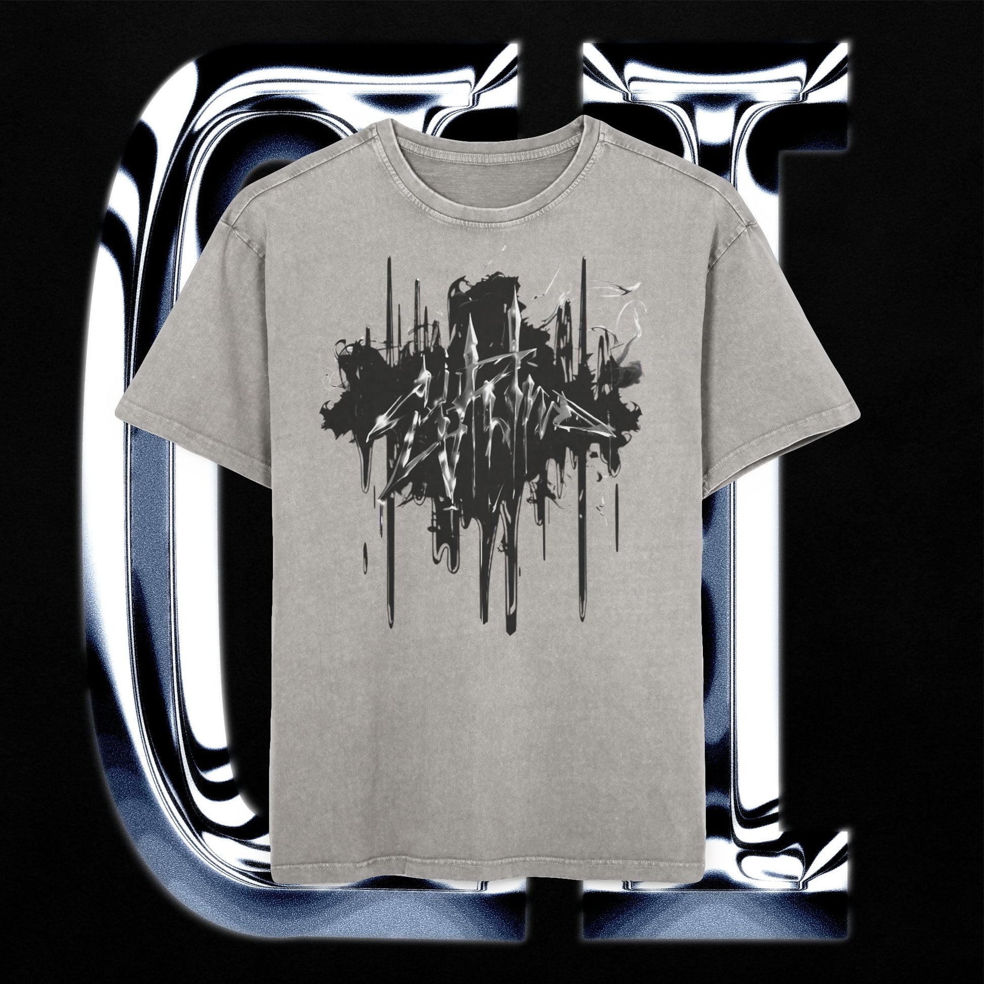 Oversized Acid Wash Tee – Fire Graphic Streetwear Shirt, Festival Outfit, Edgy Urban Style on a black background.