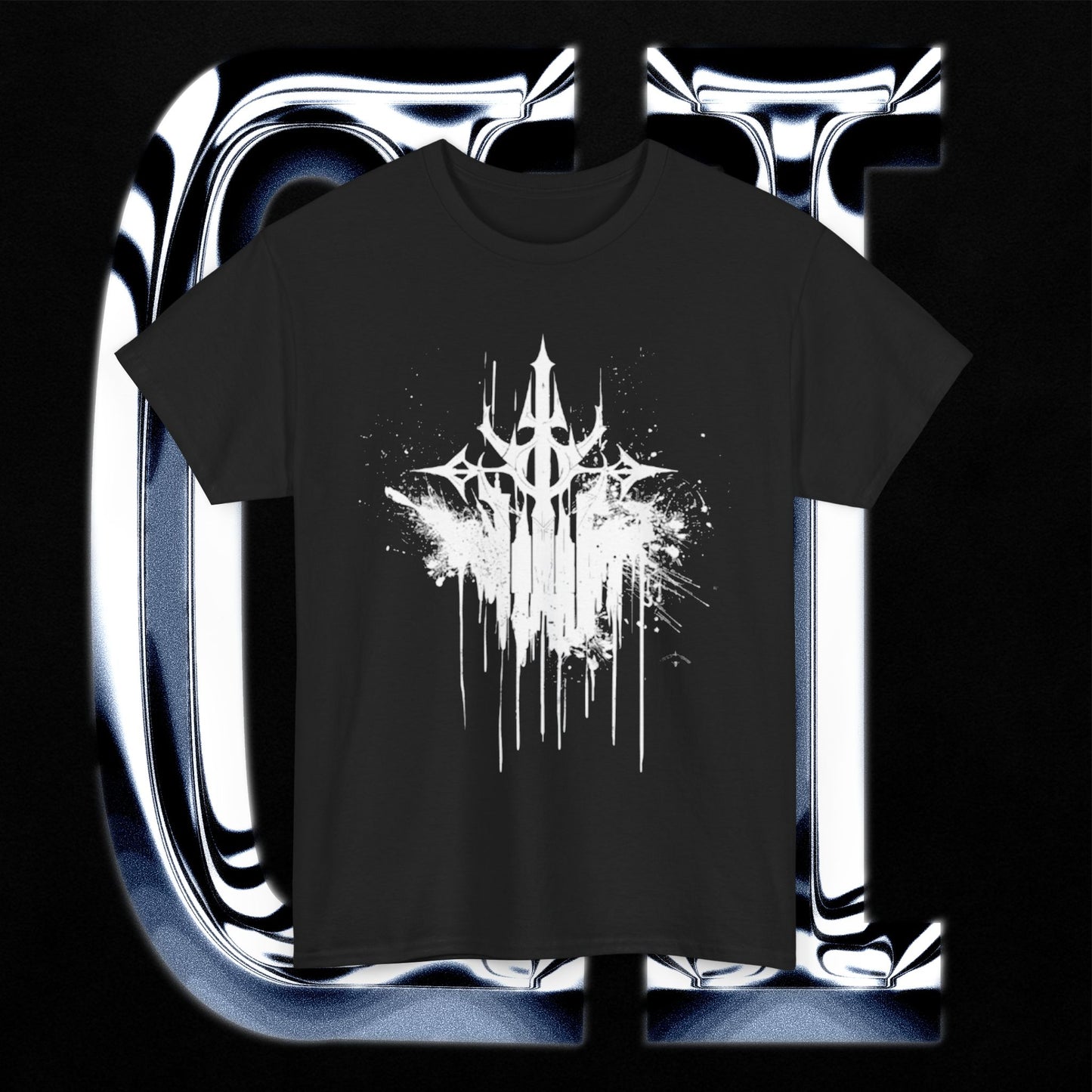 Trident Eclipse Tee – Unisex Heavy Cotton T-Shirt | Black Ink Symbol Graphic displayed on a black background.