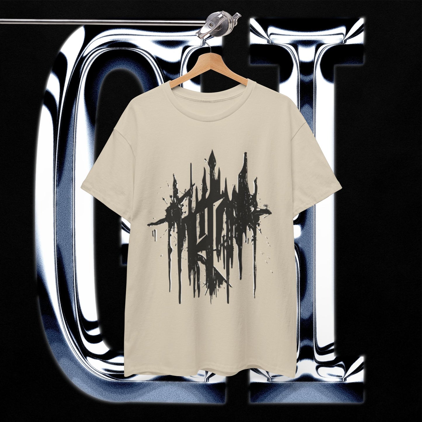 Obsidian Drip Emblem Tee – Unisex Heavy Cotton Graphic Shirt | Gothic Abstract Streetwear on a hanger with black designs.
