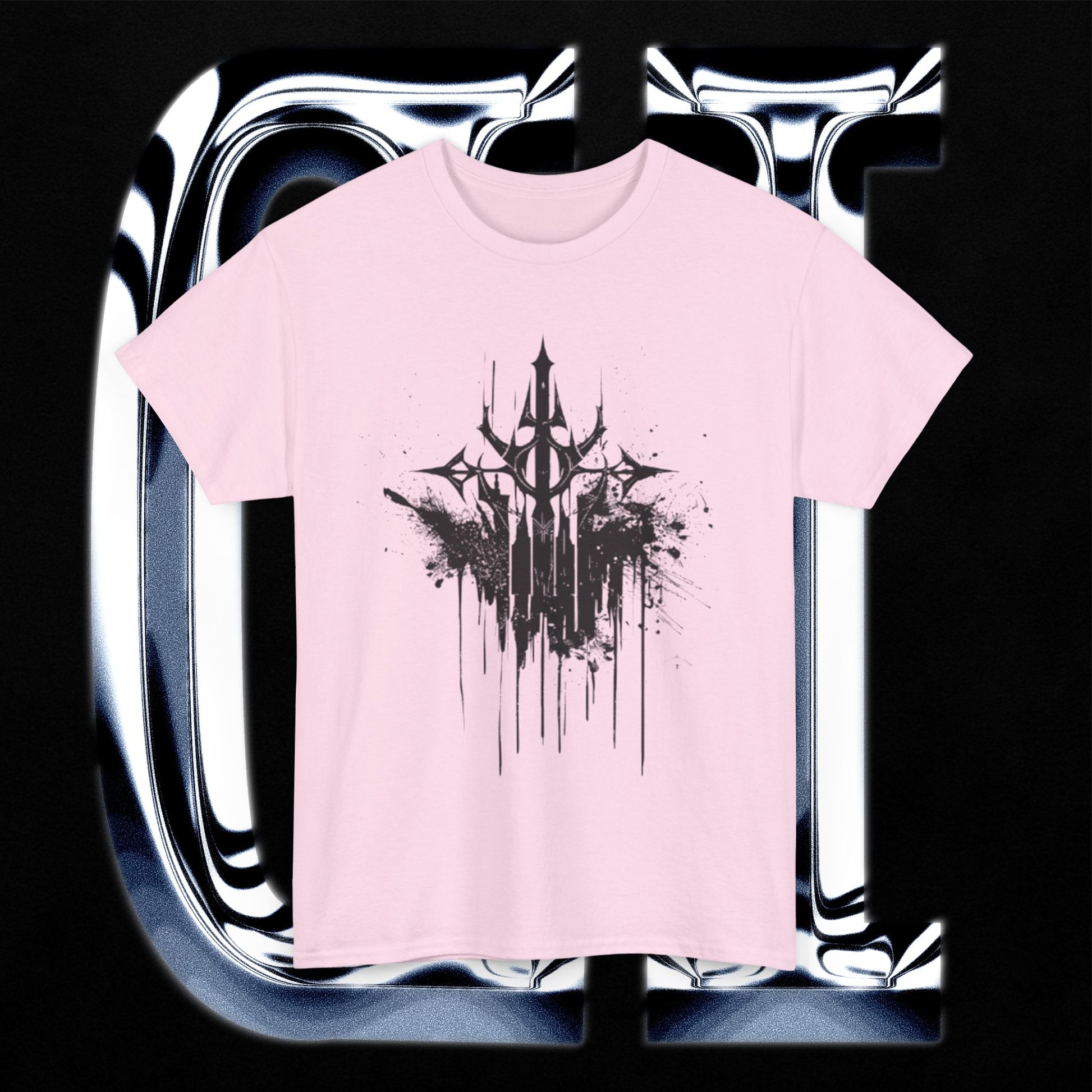 Trident Eclipse Tee – Unisex Heavy Cotton T-Shirt | Black Ink Symbol Graphic on pink background