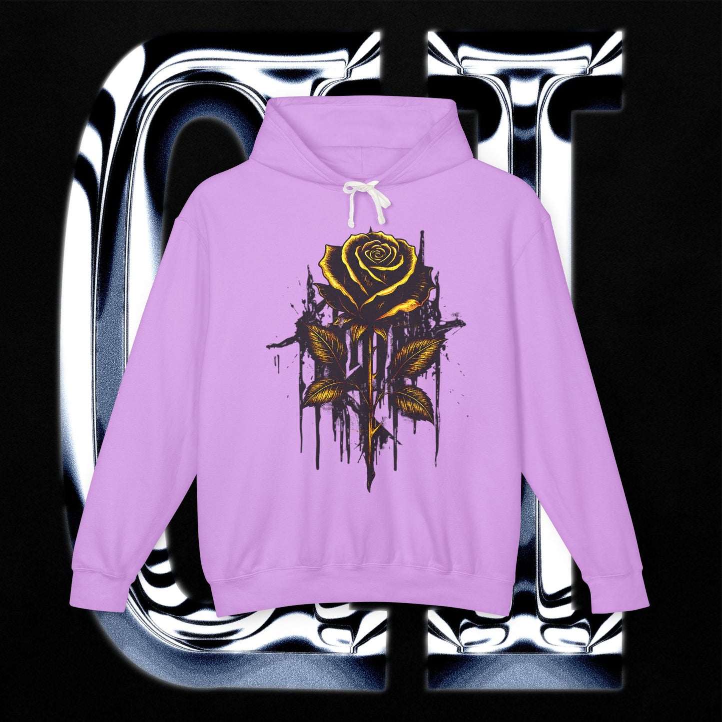 Rose hoodie featuring a hand-rendered dripping gold rose graphic on a soft lavender background.