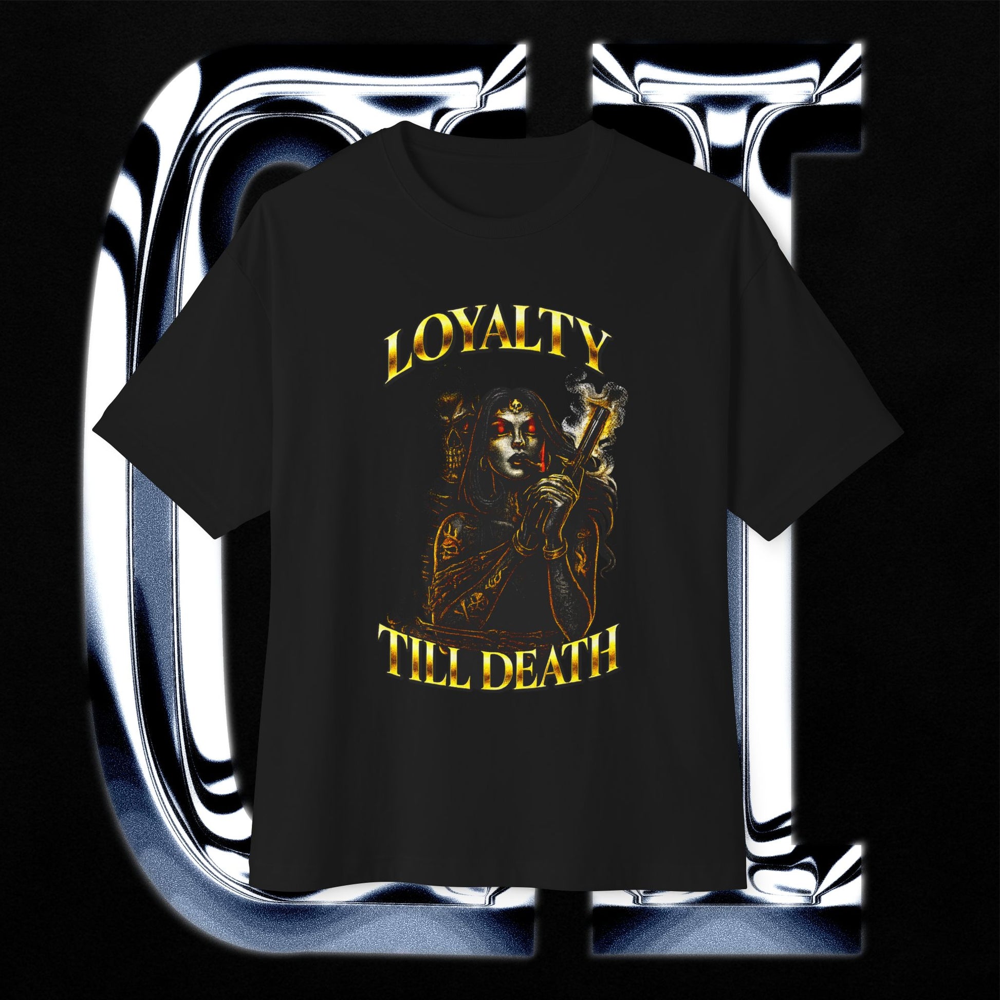 Loyalty Till Death Gothic Oversized T-Shirt – Unisex Dark Streetwear Tee featuring a gothic warrior with tattoos and sword.