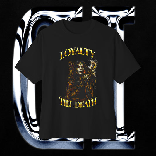 Loyalty Till Death Gothic Oversized T-Shirt – Unisex Dark Streetwear Tee featuring a gothic warrior with tattoos and sword.