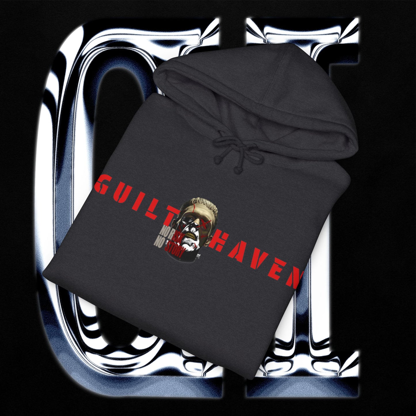 No Risk No Story "Guilt Haven" Hoodie — Graphic Pullover for Bold Adventurers