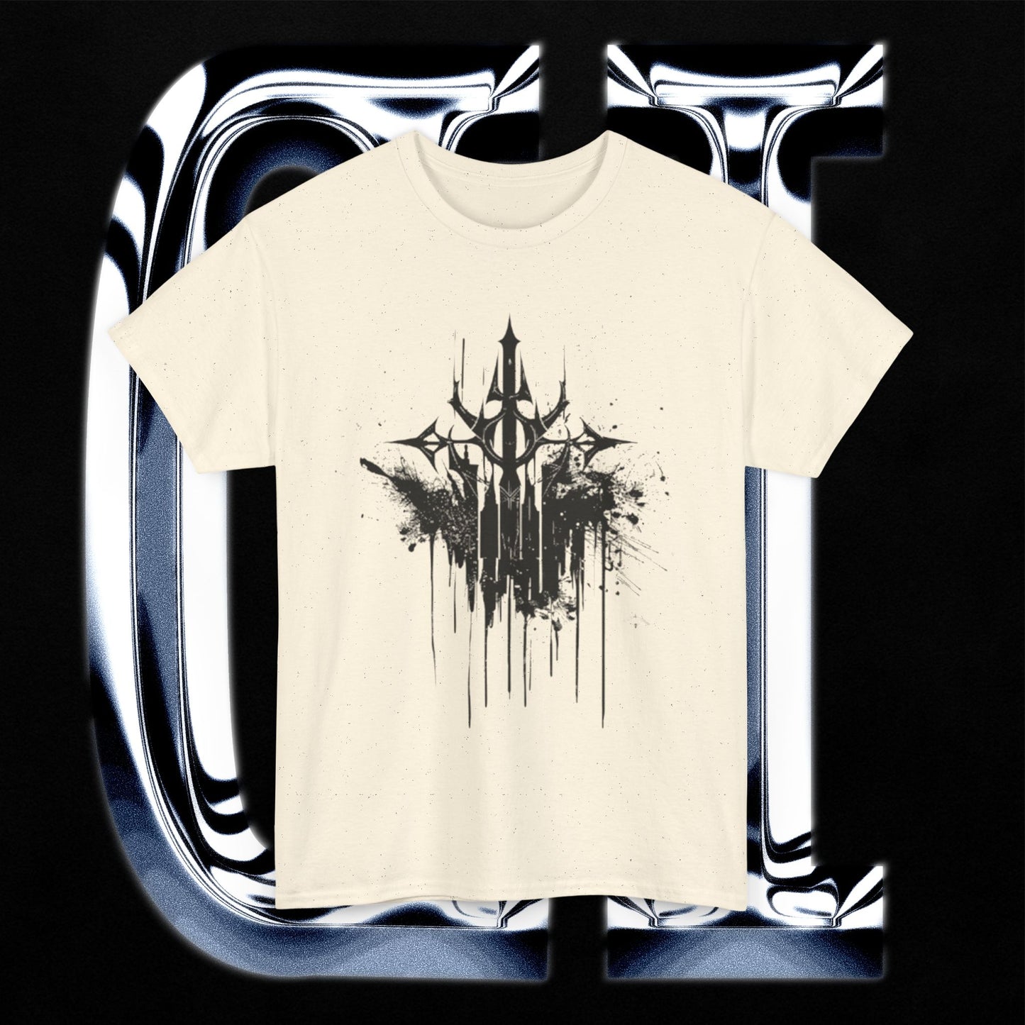 Trident Eclipse Tee – Unisex Heavy Cotton T-Shirt | Black Ink Symbol Graphic on a cream background.