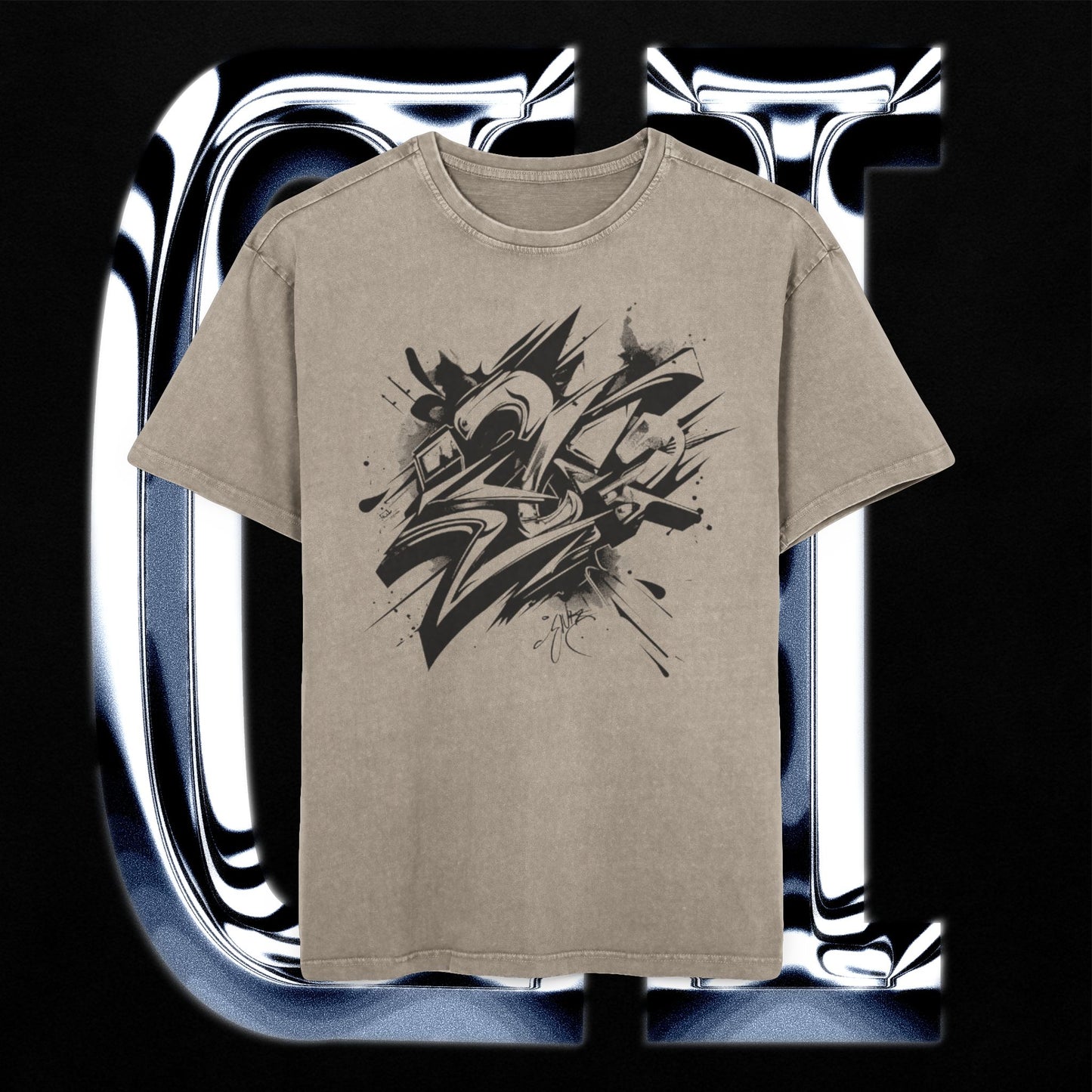 Men’s Acid Wash Oversized Graffiti T-Shirt – 100% Cotton Streetwear Tee displayed with bold graffiti graphic.
