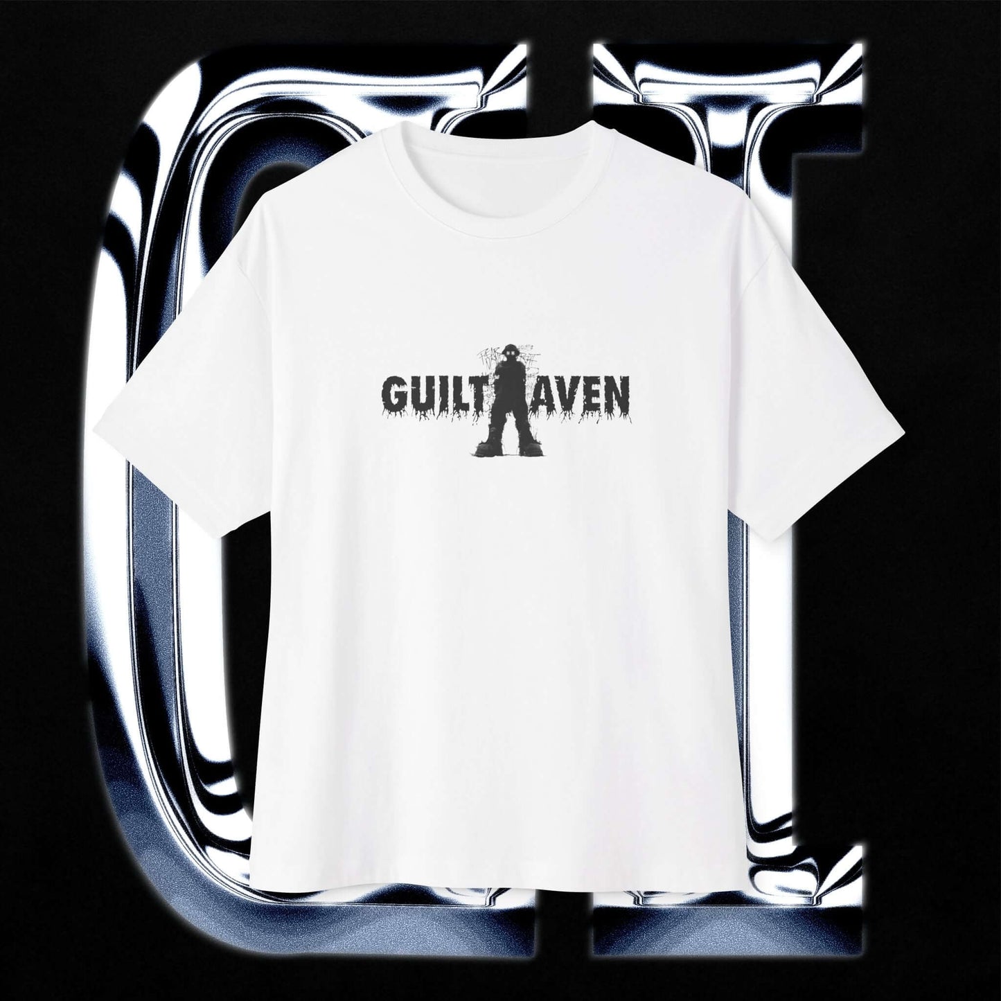 Oversized Boxy Tee XX Fear Guilt Haven Streetwear featuring bold Guilt Haven graphics on a white tee.