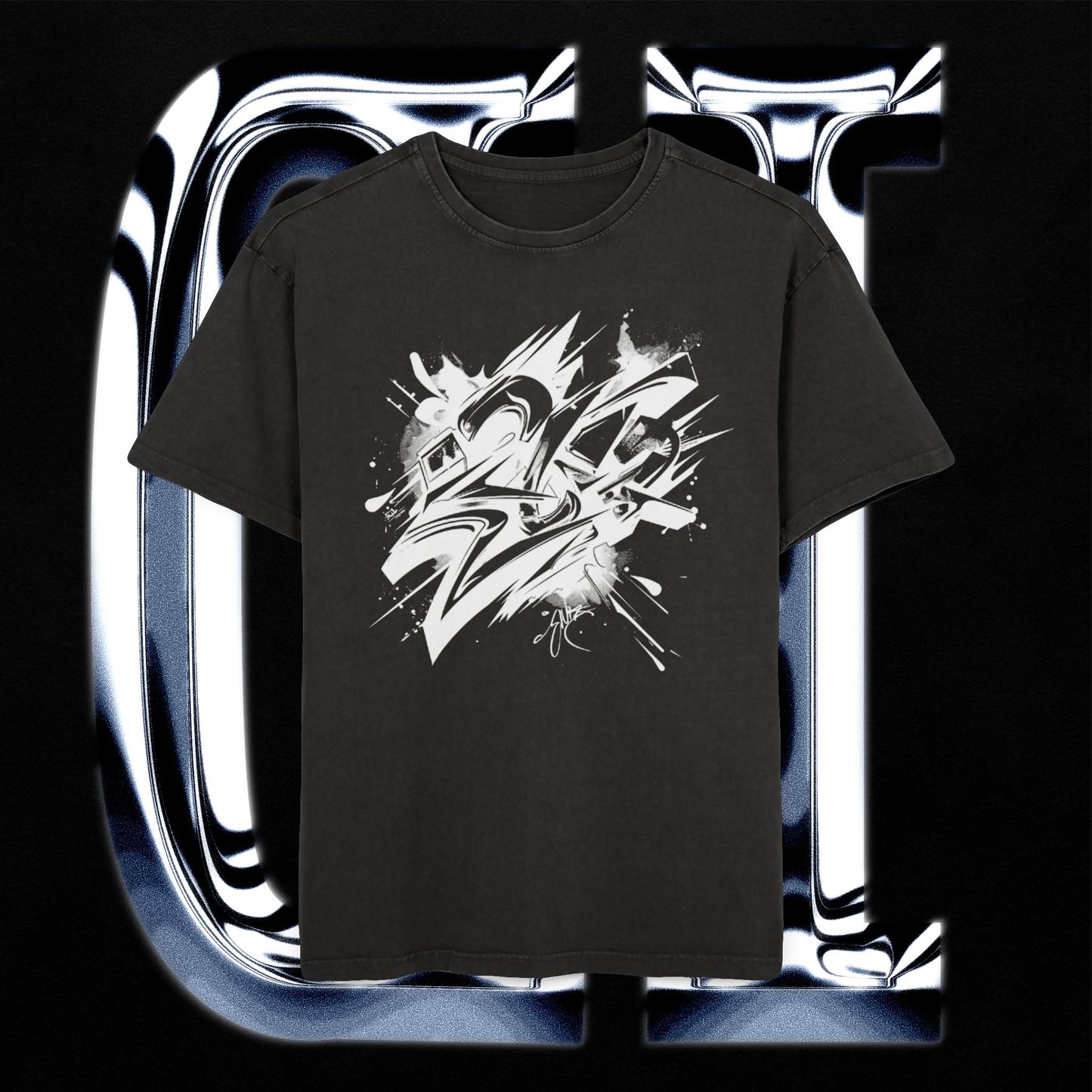Men’s Acid Wash Oversized Graffiti T-Shirt – 100% Cotton Streetwear Tee featuring bold graffiti design on a black backdrop.
