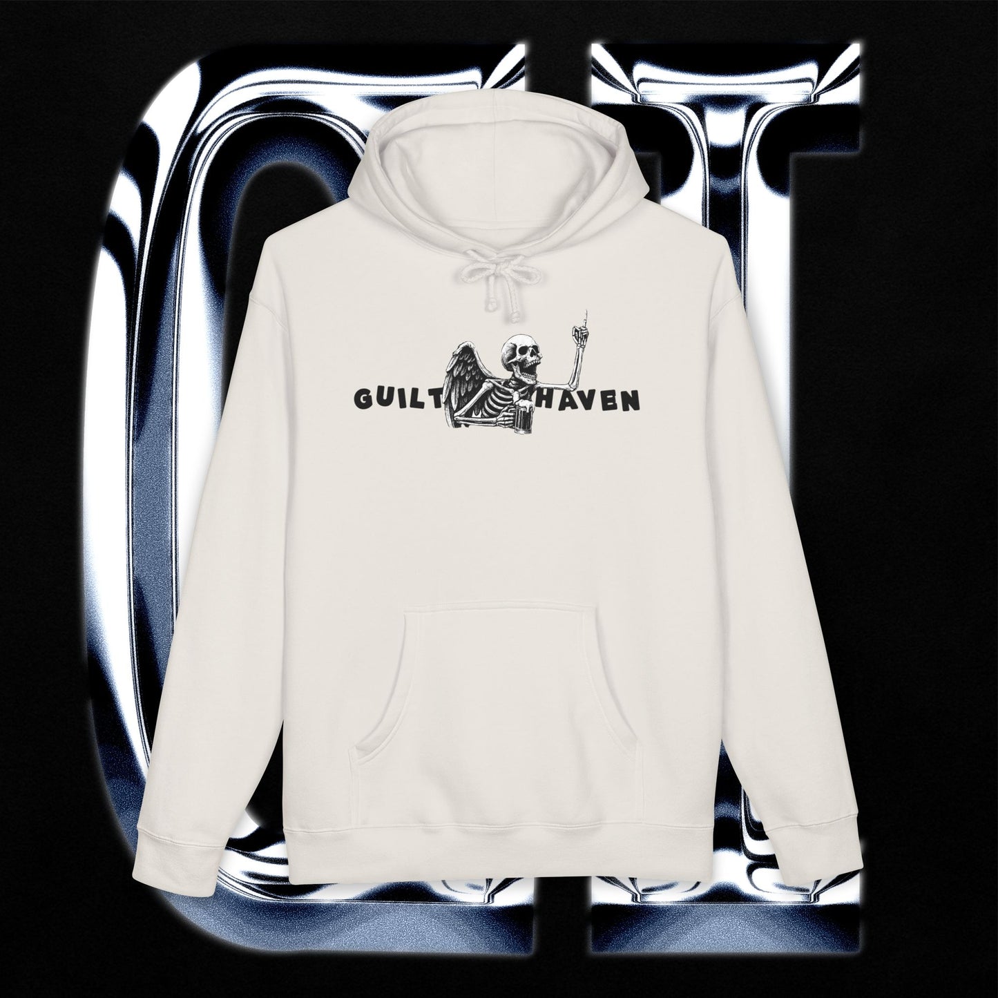 Skeleton graphic pullover hoodie featuring 'Guilt Haven' motif and wings design on a white heavyweight sweatshirt.
