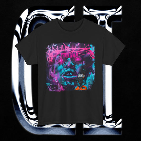 Power Is Rare Unisex Heavy Cotton T-Shirt – Neon Graffiti Art Tee with Futuristic Face Design, vibrant neon artwork on black tee.