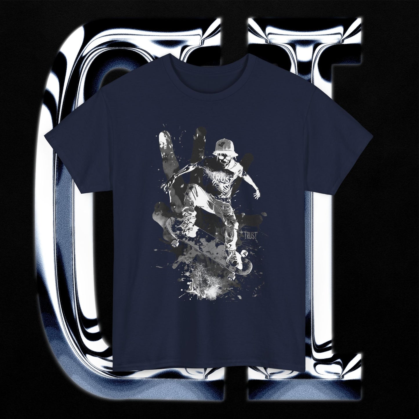 Skater Splash Tee – Unisex Heavy Cotton T-Shirt | Urban Grunge Skateboarding Graphic featuring a skateboarder mid-air.
