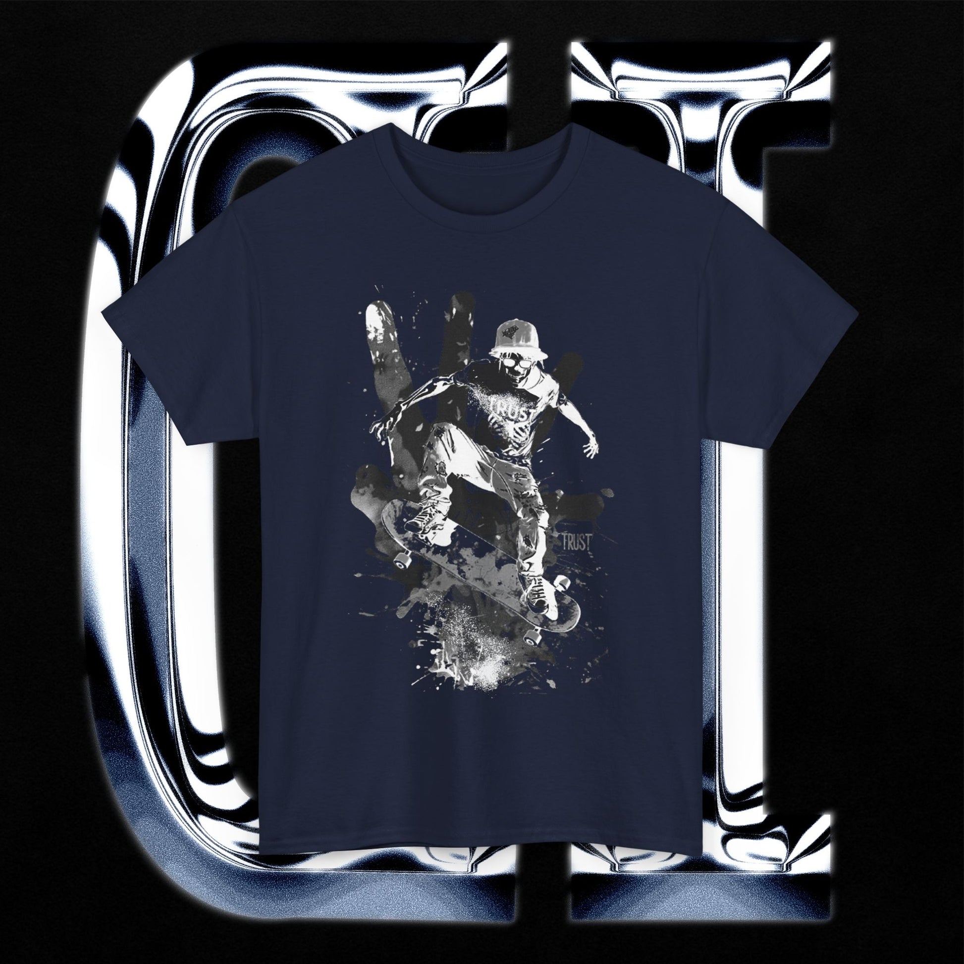 Skater Splash Tee – Unisex Heavy Cotton T-Shirt | Urban Grunge Skateboarding Graphic featuring a skateboarder mid-air.