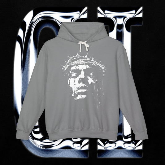 Crown of Thorns hoodie in charcoal gray with distressed sacred face graphic pullover for casual wear.