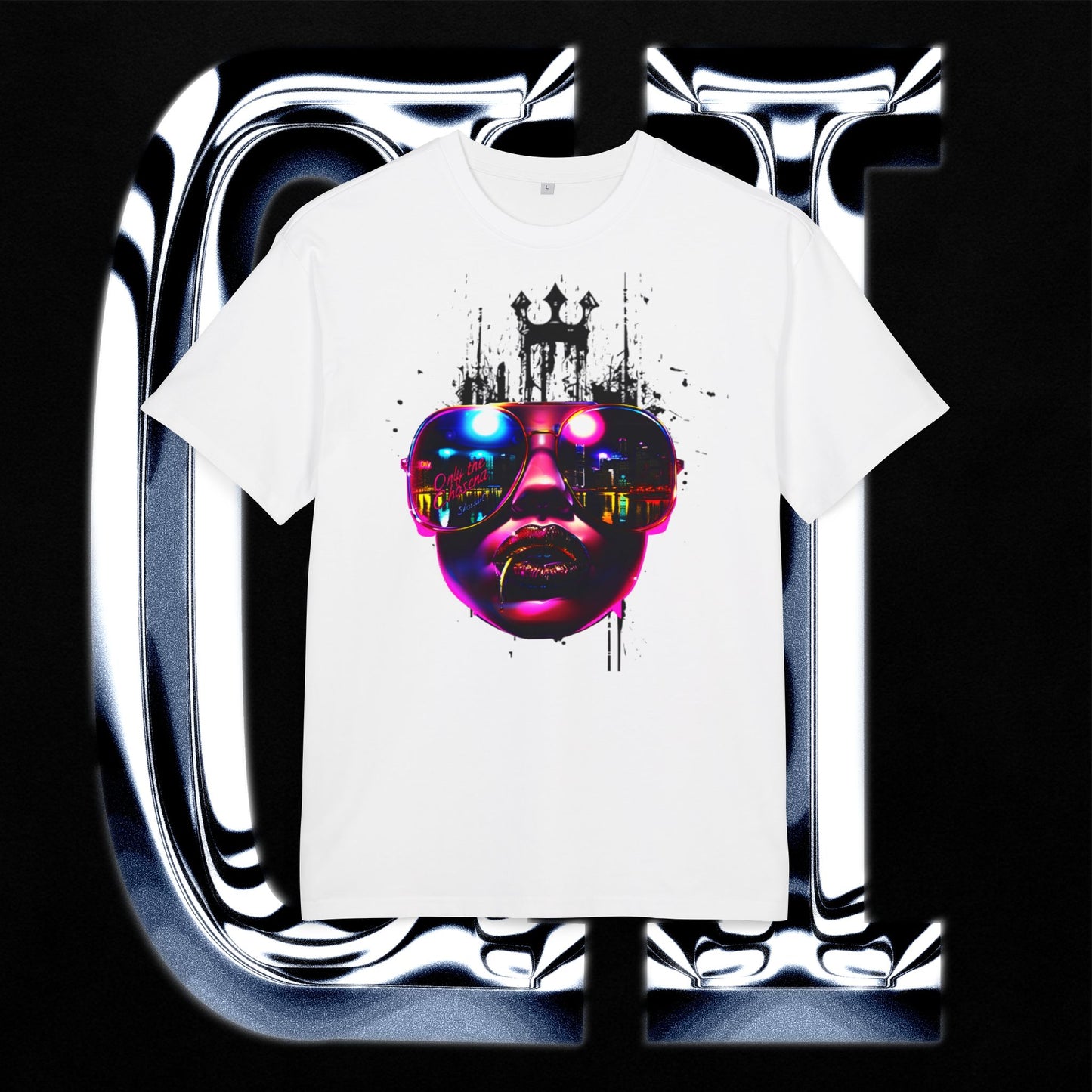 Neon Crown Cityscape Tee – Unisex Heavy Oversized T-Shirt | Retro Futuristic Sunglasses Graphic on a white t-shirt.