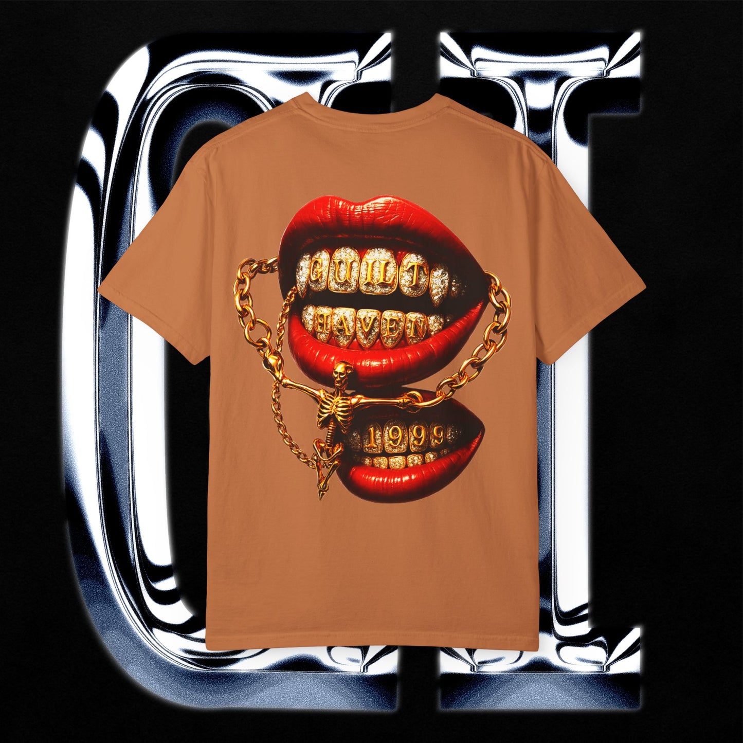 Guilt Haven 1999 Tee – Unisex Garment-Dyed T-Shirt | Gold Grill Lips & Chain Skeleton Graphic on brown background.